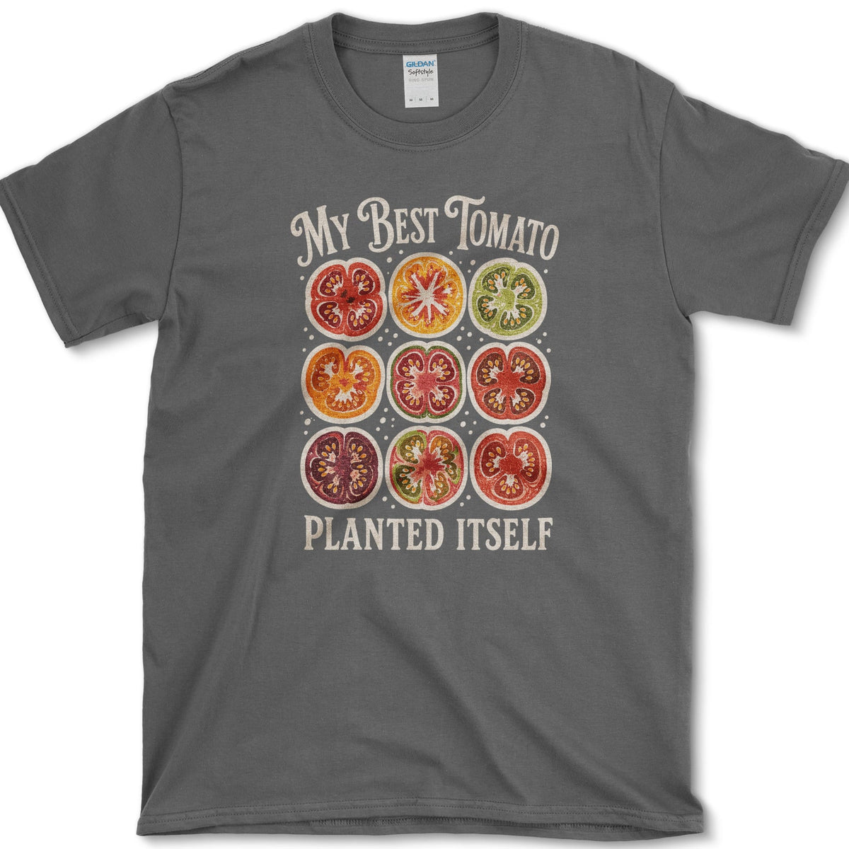 Nine colorful heirloom tomato cross-sections between My Best Tomato and Planted Itself lettering
