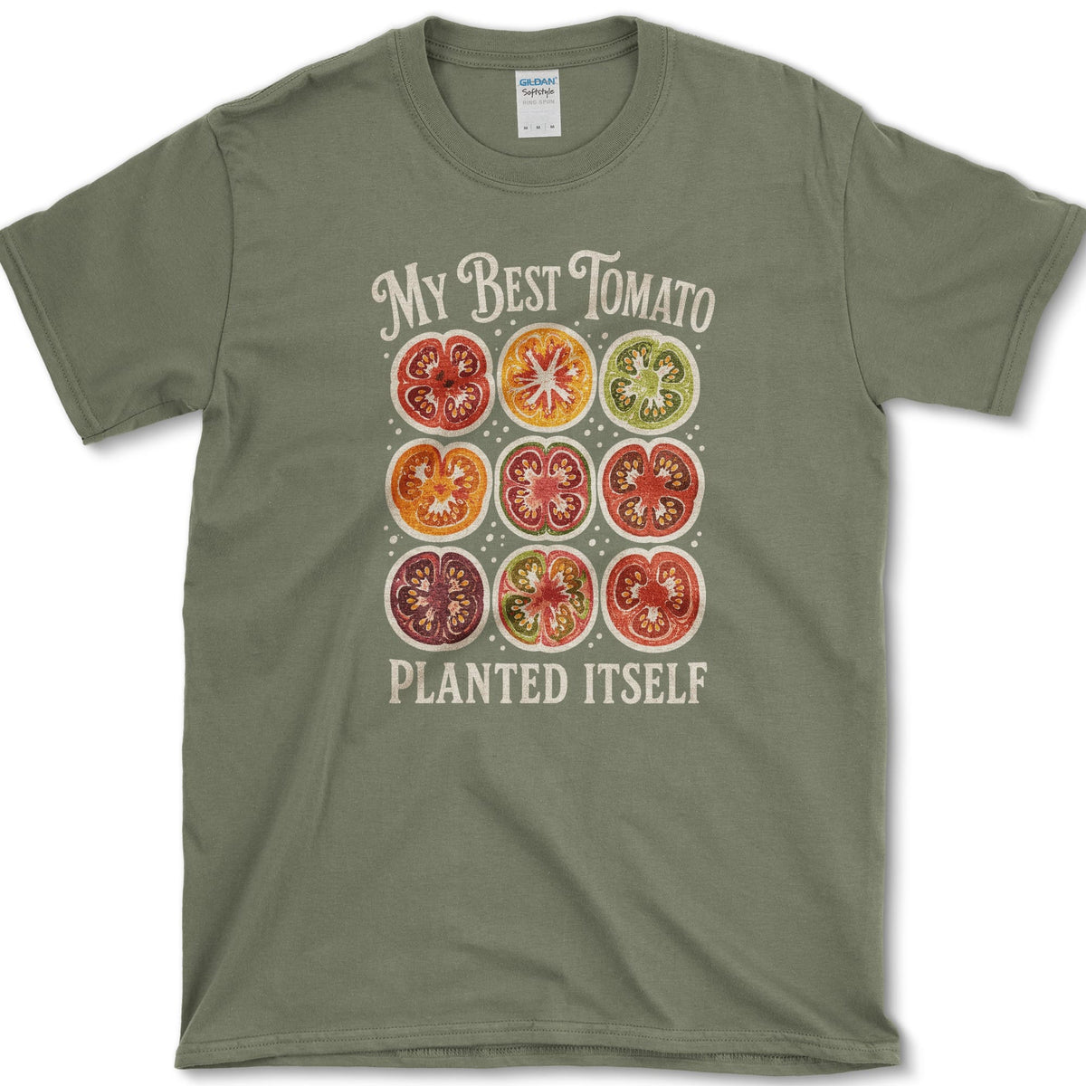 Nine colorful heirloom tomato cross-sections between My Best Tomato and Planted Itself lettering