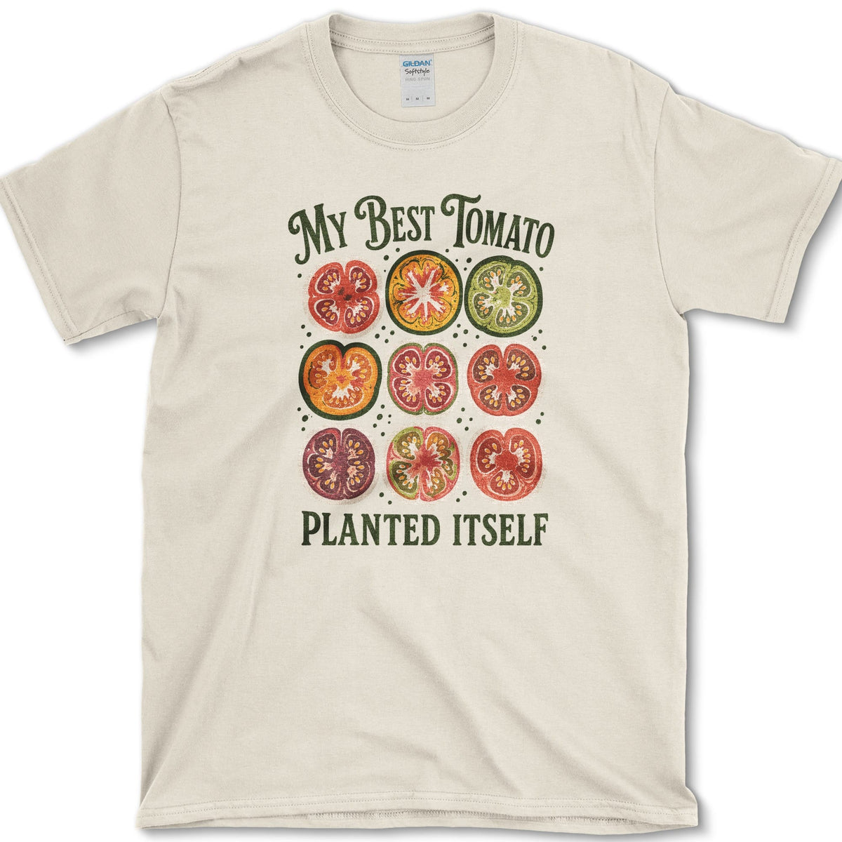 Nine colorful heirloom tomato cross-sections between My Best Tomato and Planted Itself lettering