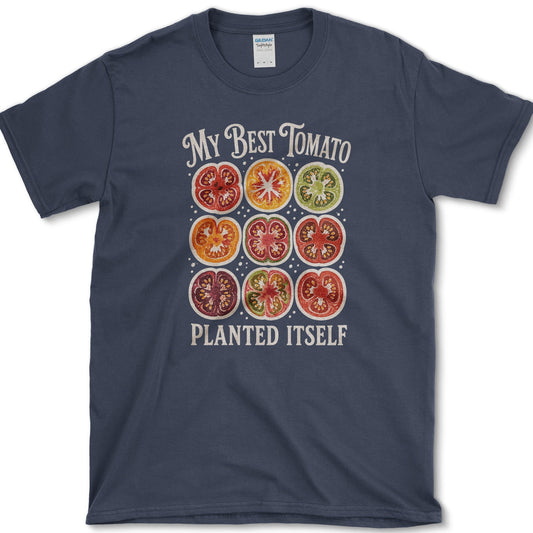 Nine colorful heirloom tomato cross-sections between My Best Tomato and Planted Itself lettering