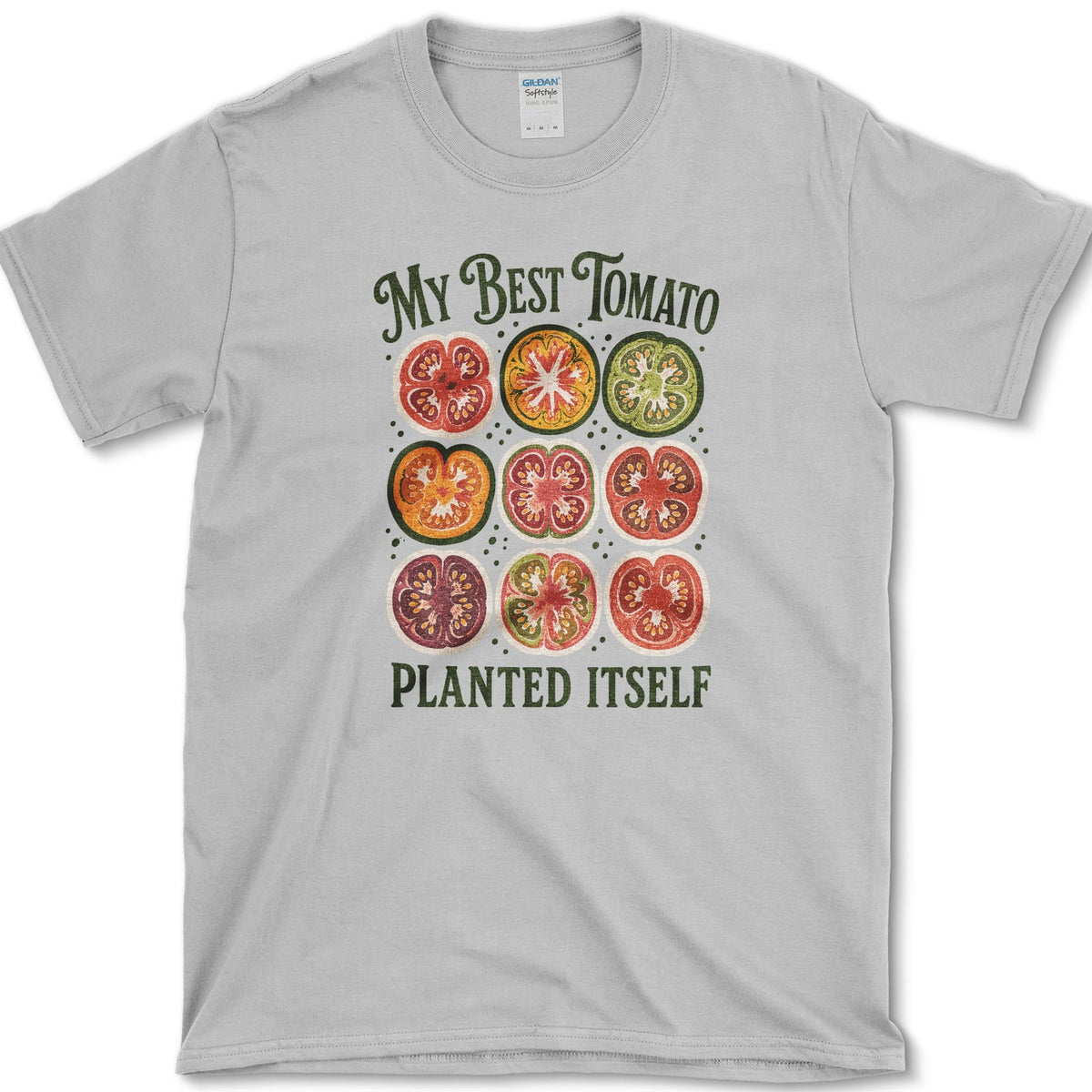 Nine colorful heirloom tomato cross-sections between My Best Tomato and Planted Itself lettering
