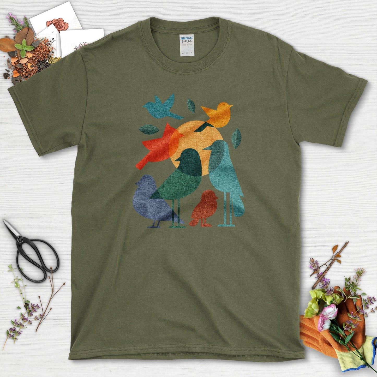 Mystery Flock Birds T-Shirt T-Shirts / S / Military Green Physical Item