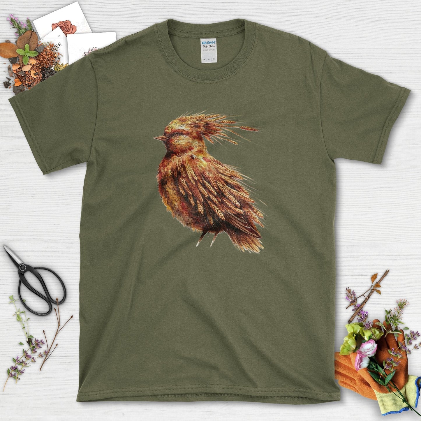 Nature-Inspired Bird Art T-Shirt Military Green / S T-Shirt