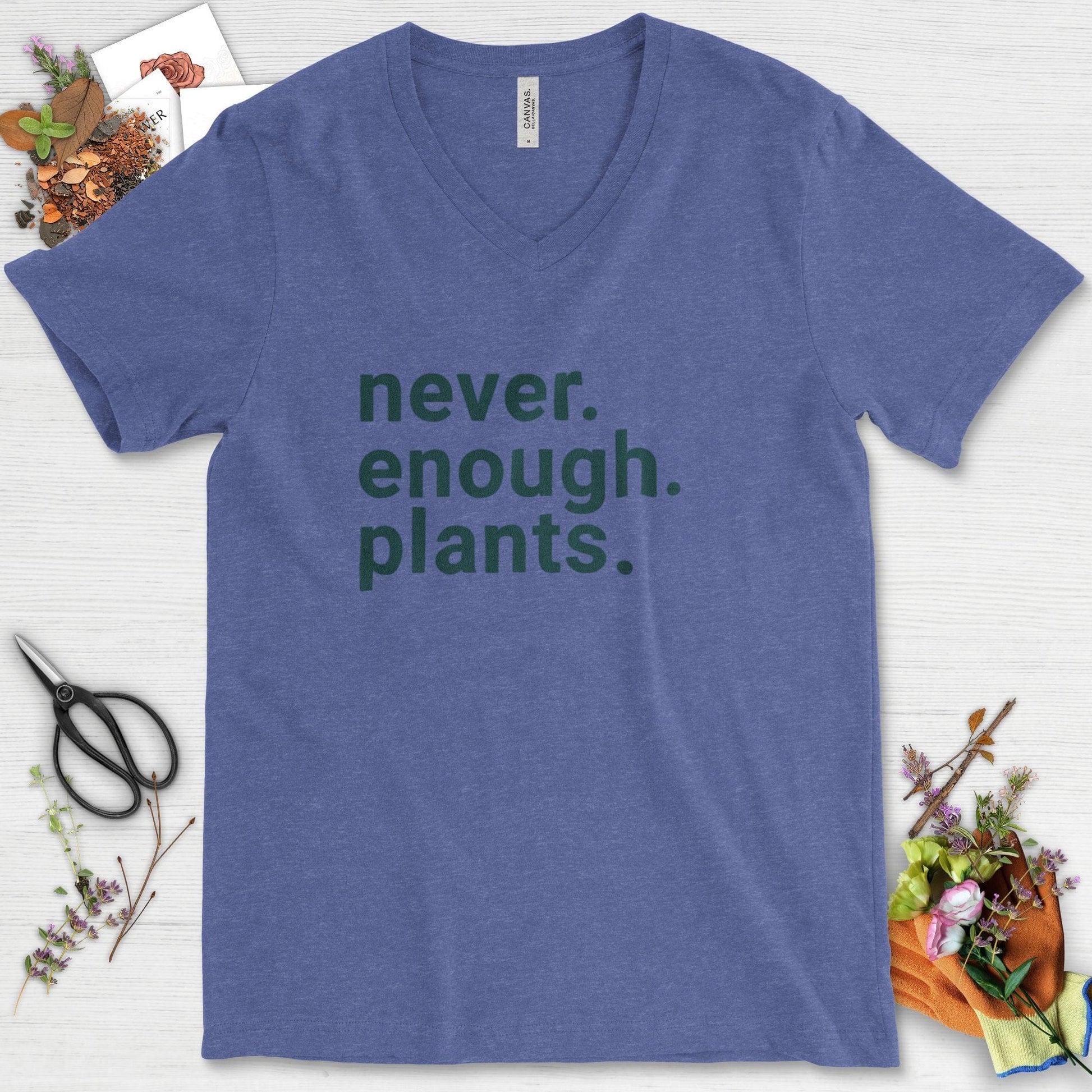 Never Enough Plants V-Neck Heather True Royal / S T-Shirt