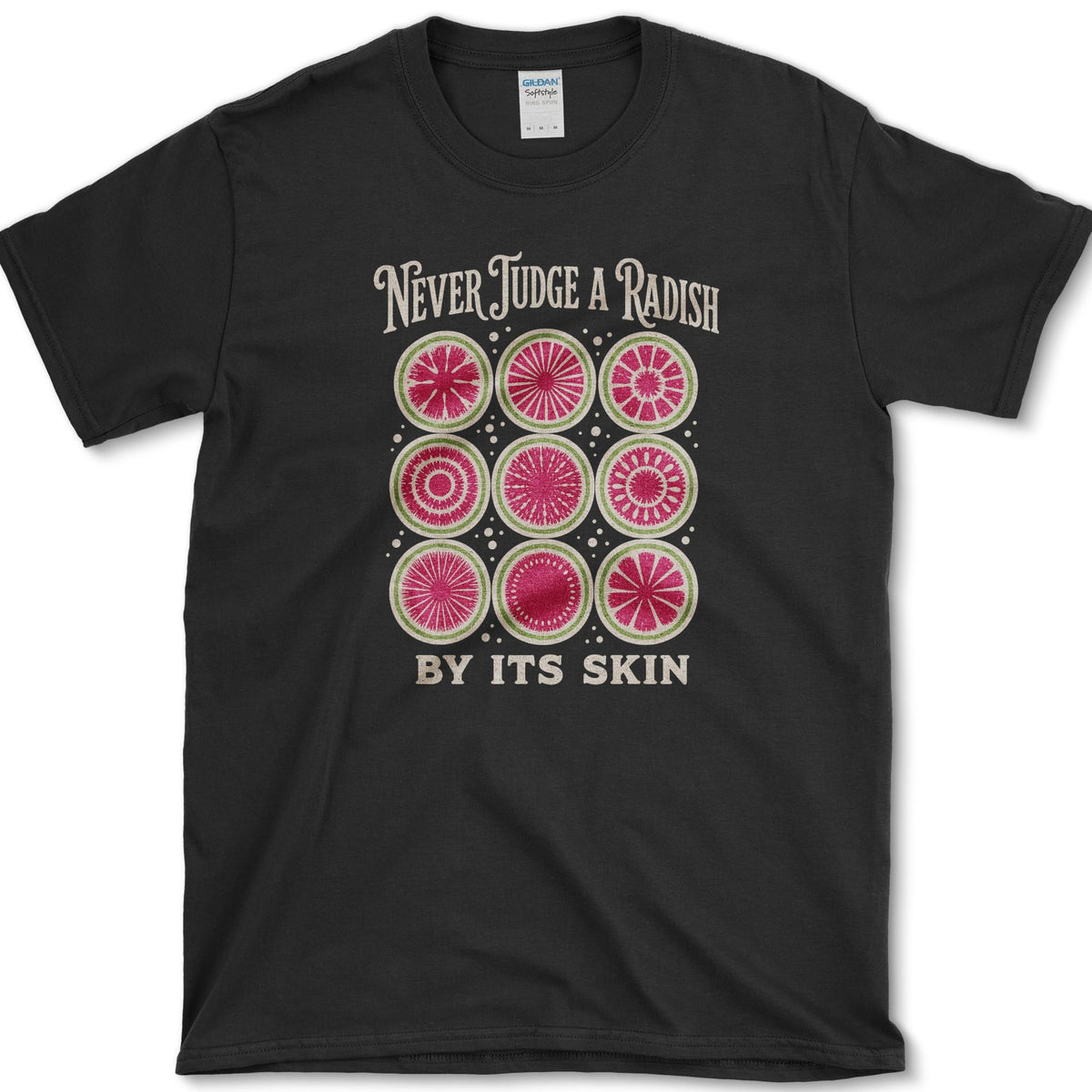 Nine pink and white radish cross-sections between Never Judge a Radish and By Its Skin lettering