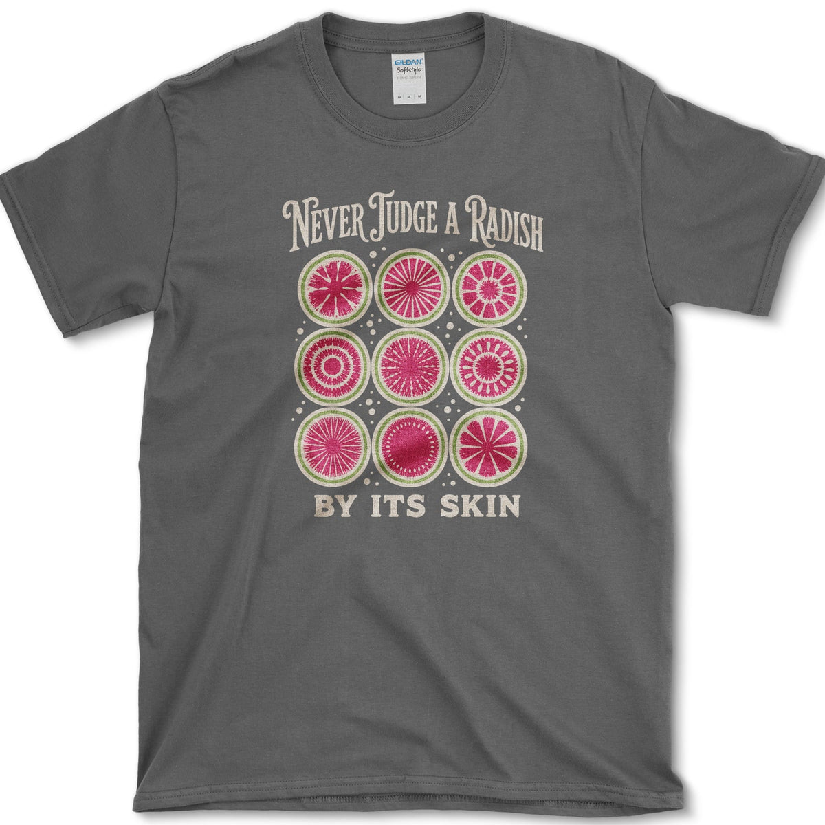 Nine pink and white radish cross-sections between Never Judge a Radish and By Its Skin lettering