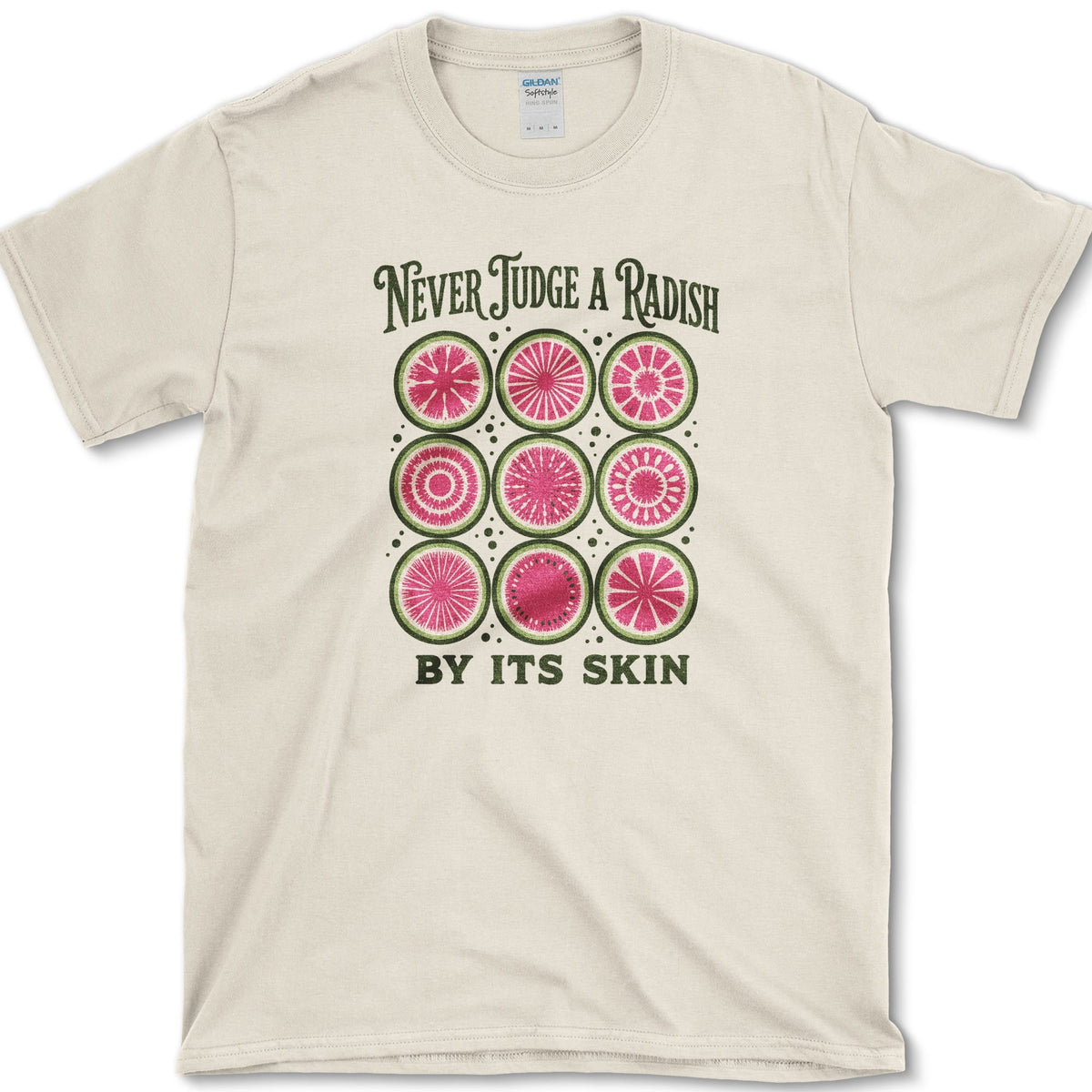 Nine pink and white radish cross-sections between Never Judge a Radish and By Its Skin lettering
