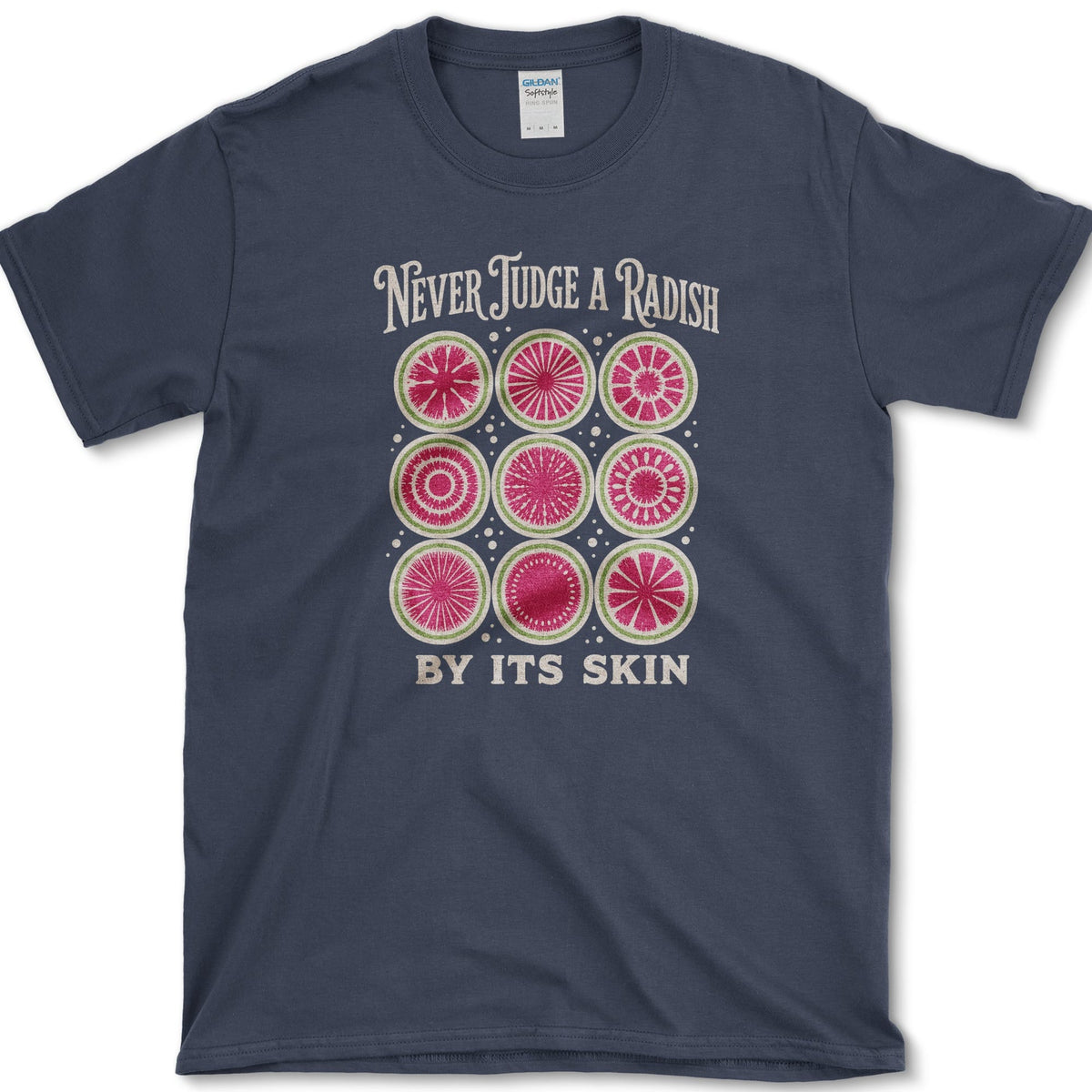 Nine pink and white radish cross-sections between Never Judge a Radish and By Its Skin lettering