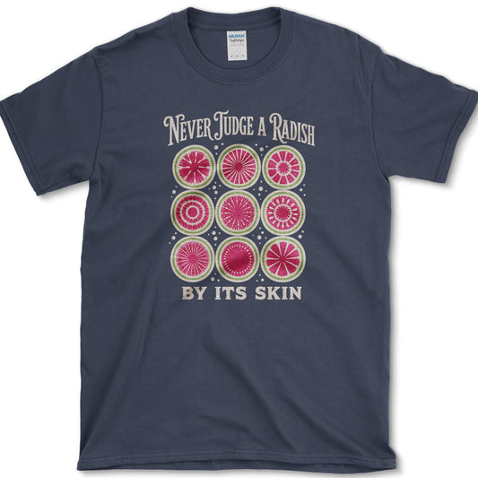 Nine pink and white radish cross-sections between Never Judge a Radish and By Its Skin lettering
