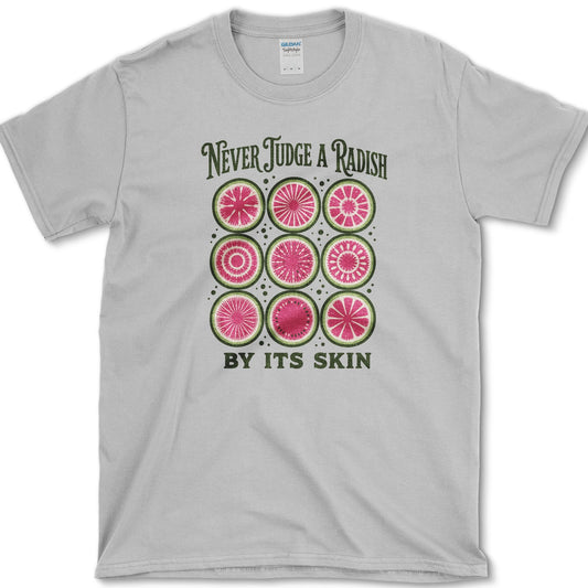Nine pink and white radish cross-sections between Never Judge a Radish and By Its Skin lettering