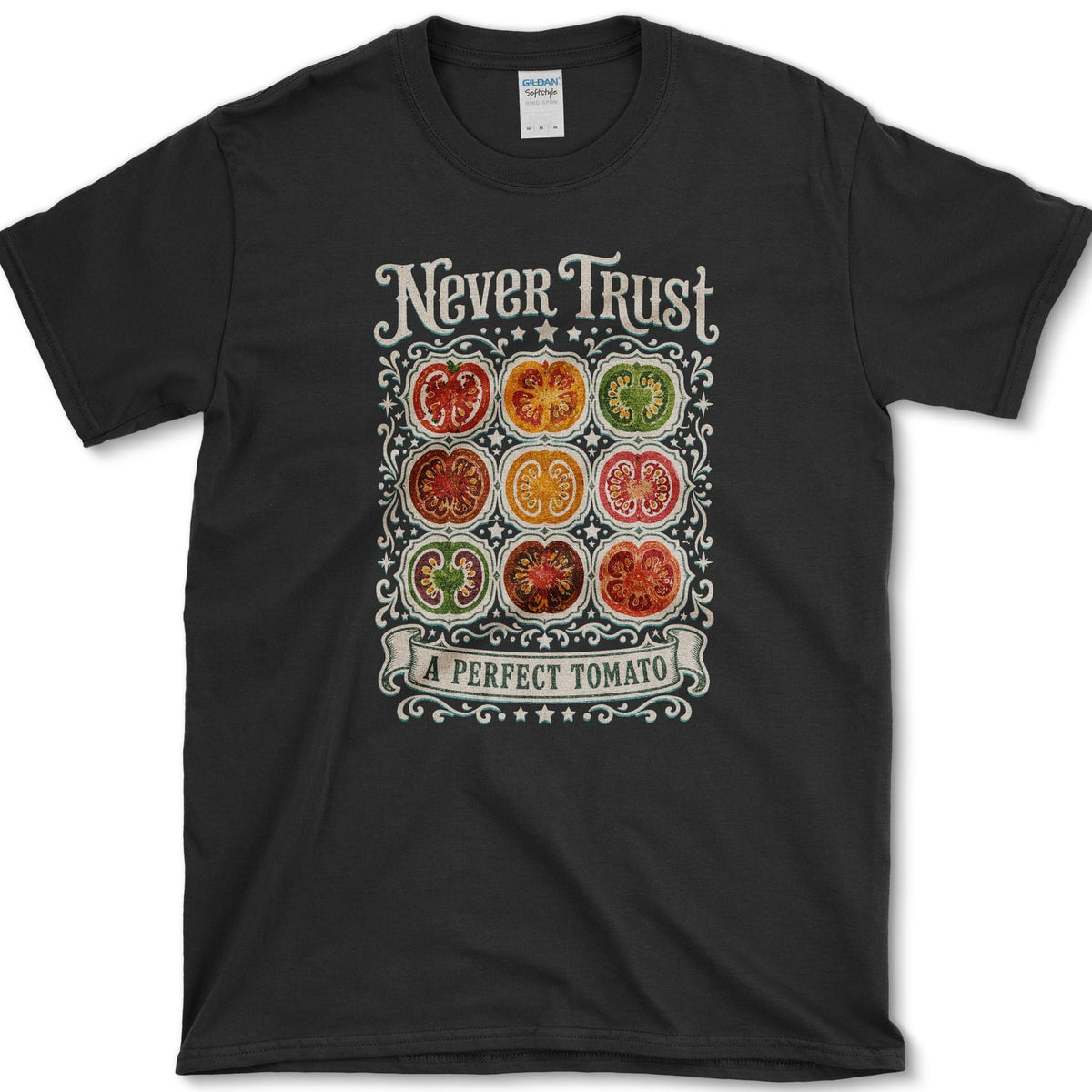Never Trust A Perfect Tomato T-Shirt S / Black Essential Tees