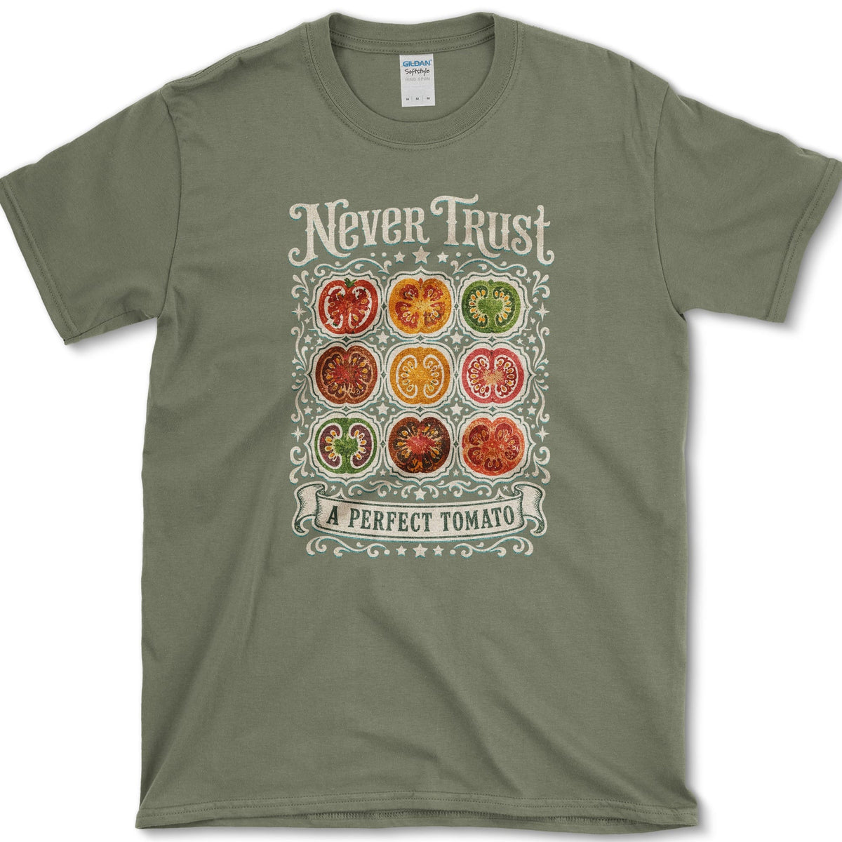 Never Trust A Perfect Tomato T-Shirt S / Military Green Essential Tees