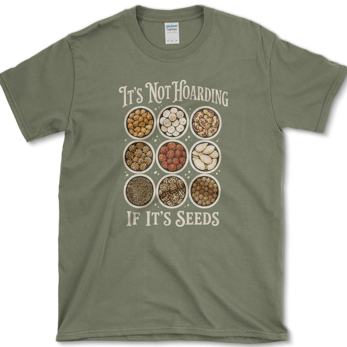 Nine bowls filled with varied beans, kernels, and seeds between It's Not Hoarding and If It's Seeds lettering