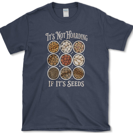 Nine bowls filled with varied beans, kernels, and seeds between It's Not Hoarding and If It's Seeds lettering