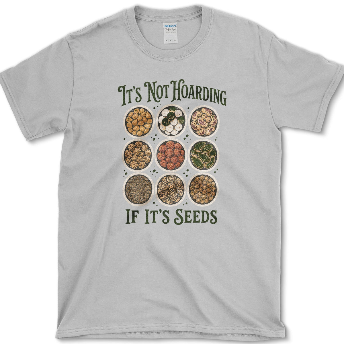 Nine bowls filled with varied beans, kernels, and seeds between It's Not Hoarding and If It's Seeds lettering