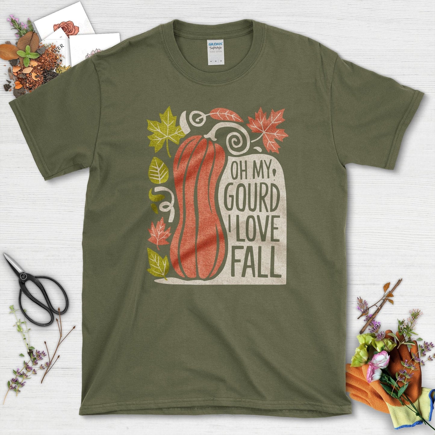 Oh My Gourd I Love Fall T-Shirt T-Shirts / S / Military Green Physical Item