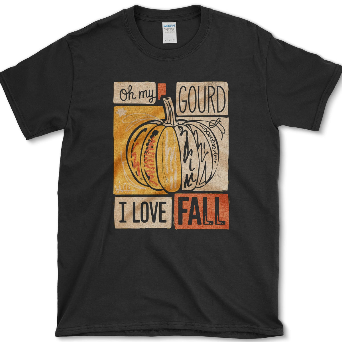 Patchwork orange pumpkin with bold block lettering reading Oh My Gourd, I Love Fall