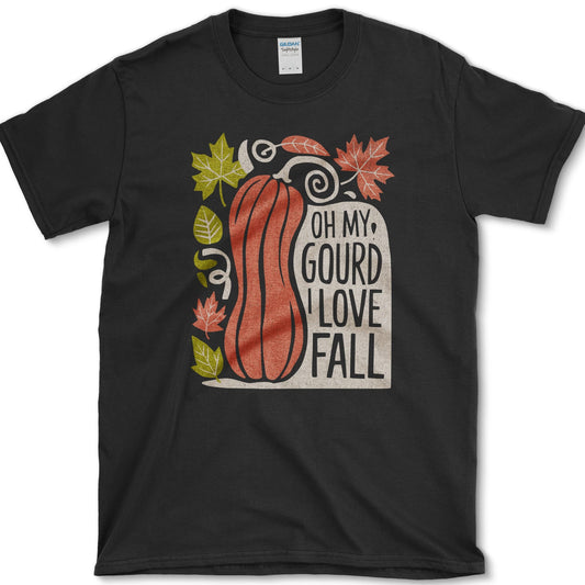 Tall orange pumpkin with curling vine, green and red maple leaves, and Oh My Gourd I Love Fall lettering