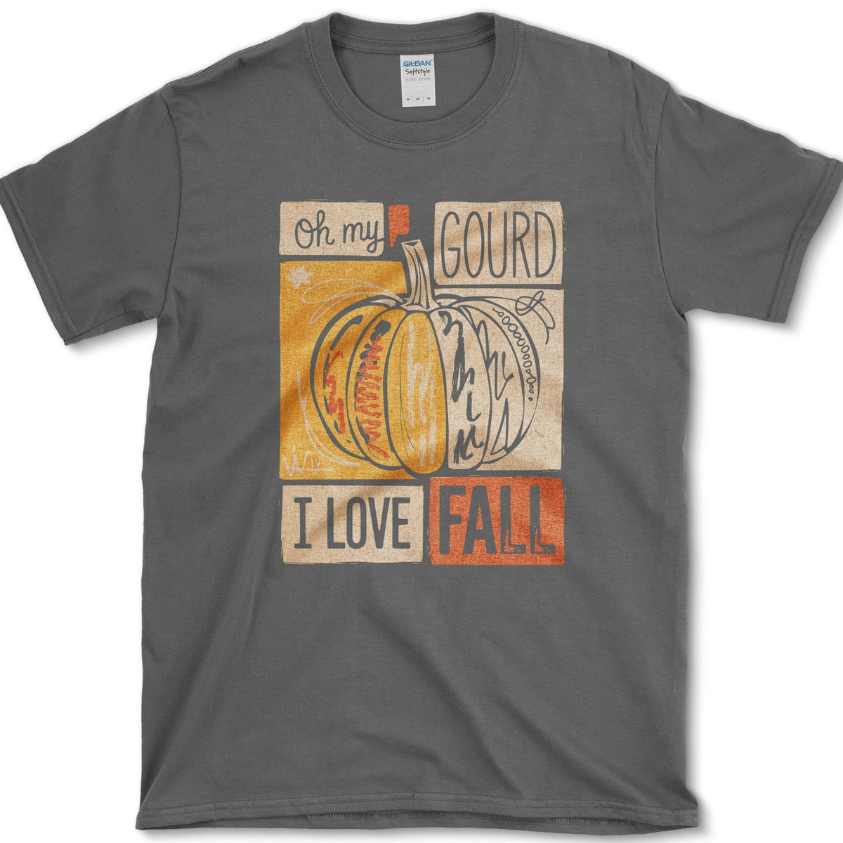 Patchwork orange pumpkin with bold block lettering reading Oh My Gourd, I Love Fall