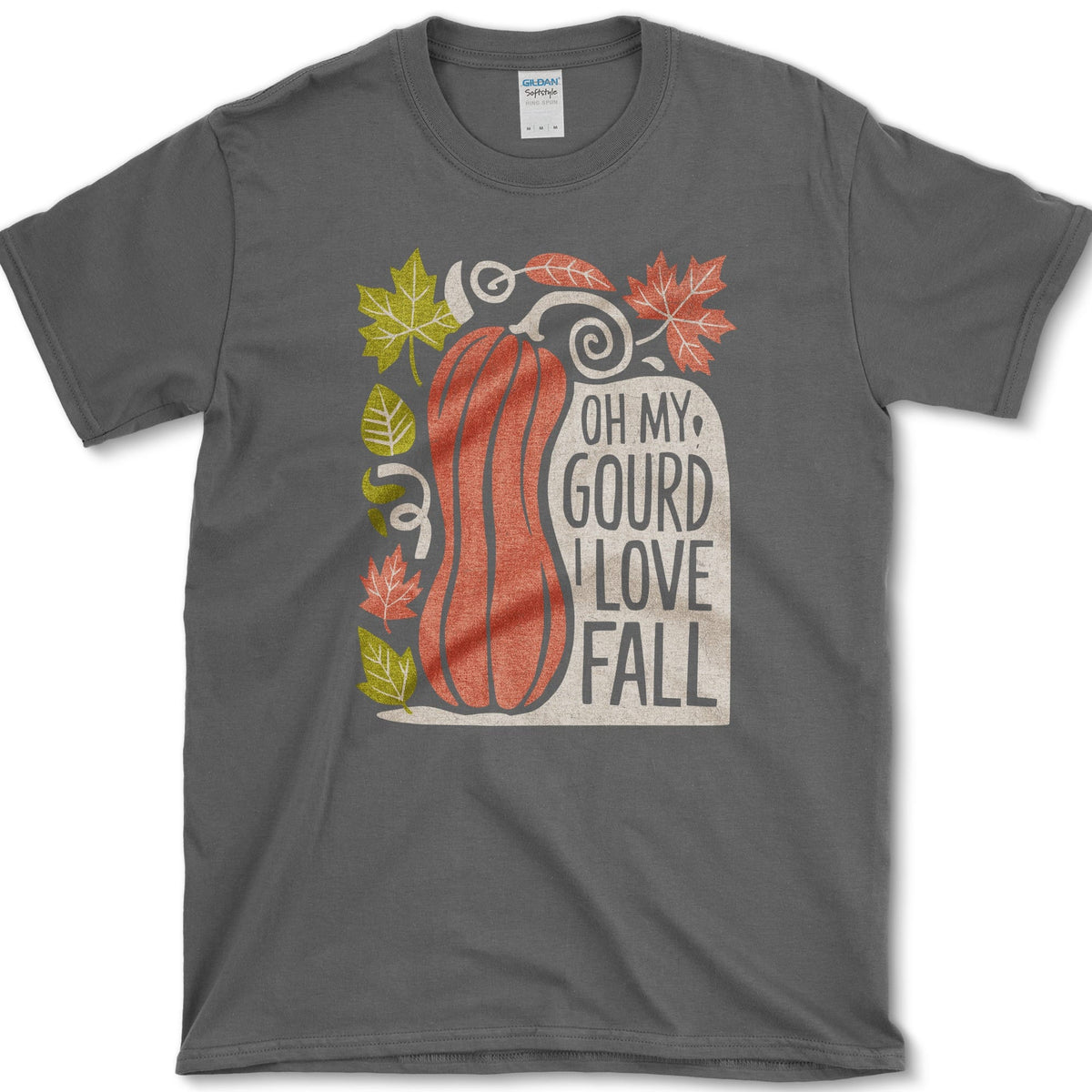 Tall orange pumpkin with curling vine, green and red maple leaves, and Oh My Gourd I Love Fall lettering