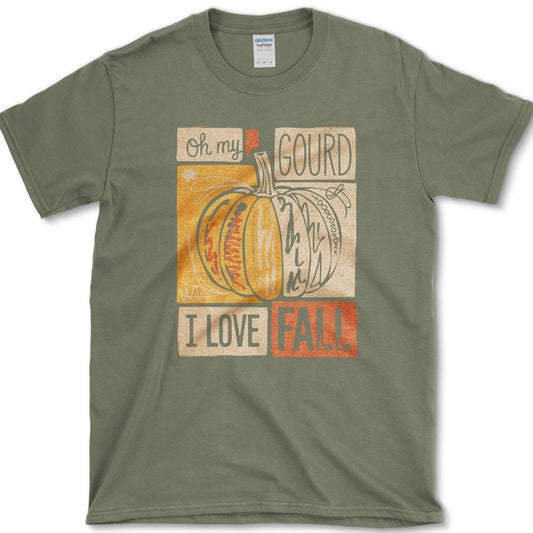 Patchwork orange pumpkin with bold block lettering reading Oh My Gourd, I Love Fall