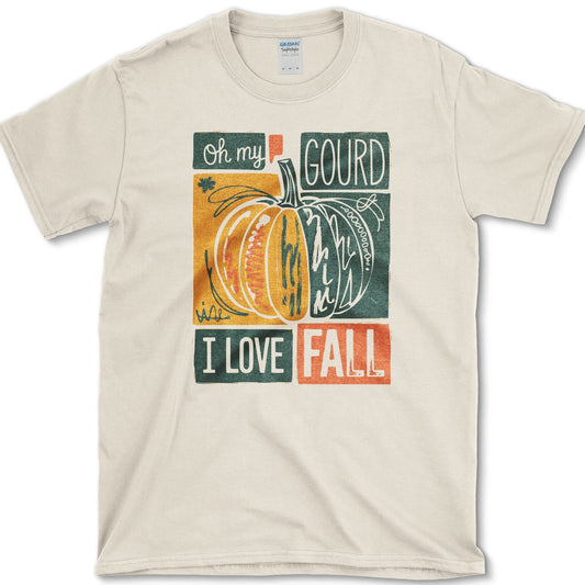 Patchwork orange pumpkin with bold block lettering reading Oh My Gourd, I Love Fall