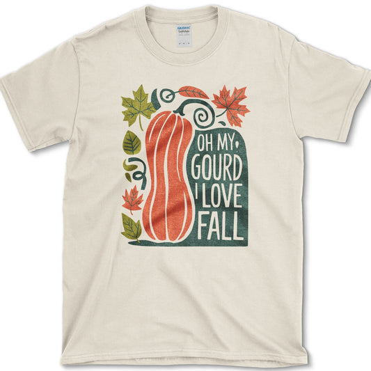 Tall orange pumpkin with curling vine, green and red maple leaves, and Oh My Gourd I Love Fall lettering