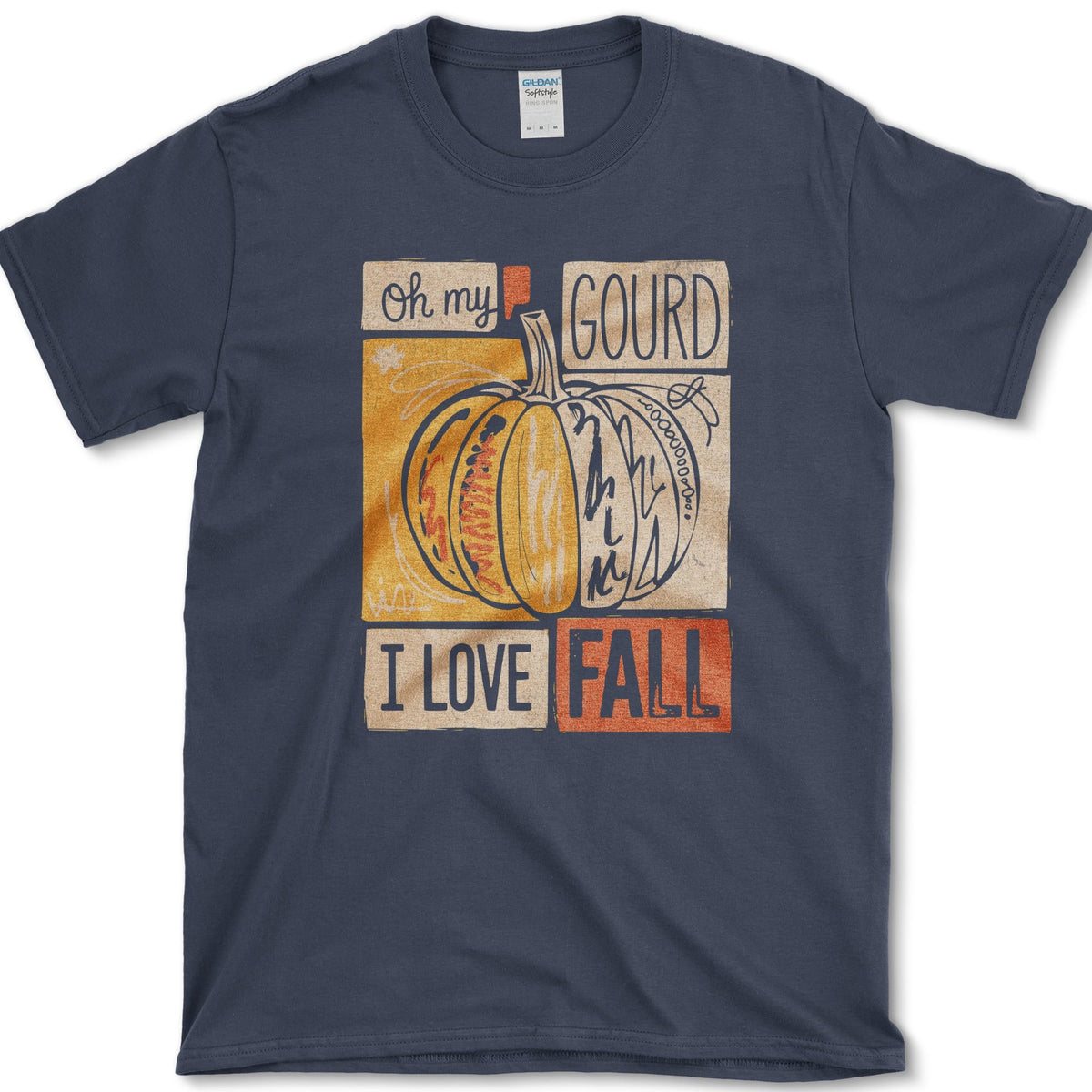 Patchwork orange pumpkin with bold block lettering reading Oh My Gourd, I Love Fall