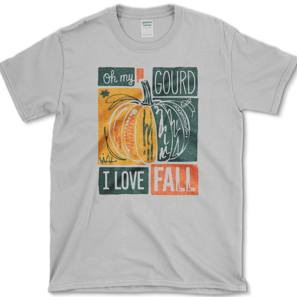 Patchwork orange pumpkin with bold block lettering reading Oh My Gourd, I Love Fall