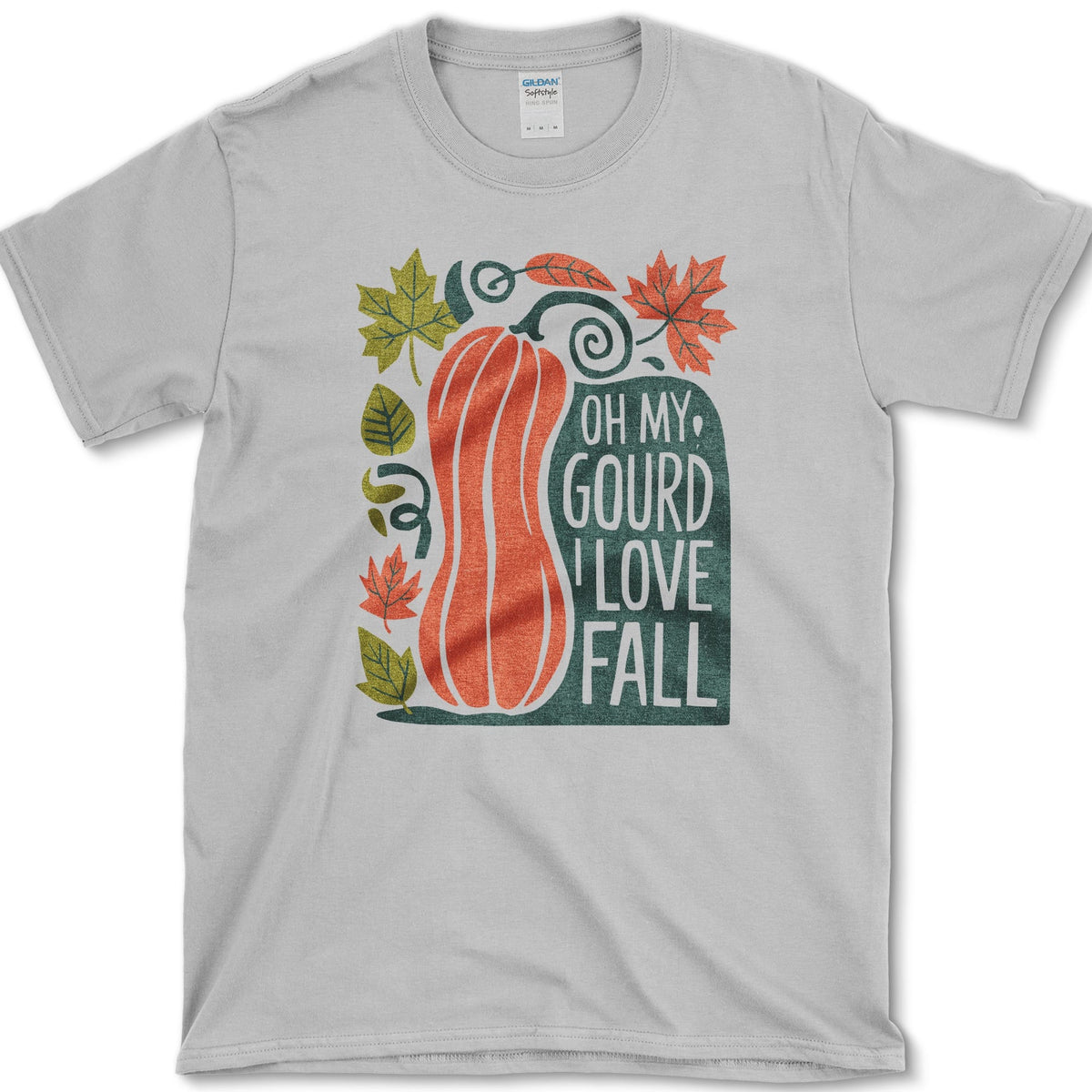 Tall orange pumpkin with curling vine, green and red maple leaves, and Oh My Gourd I Love Fall lettering