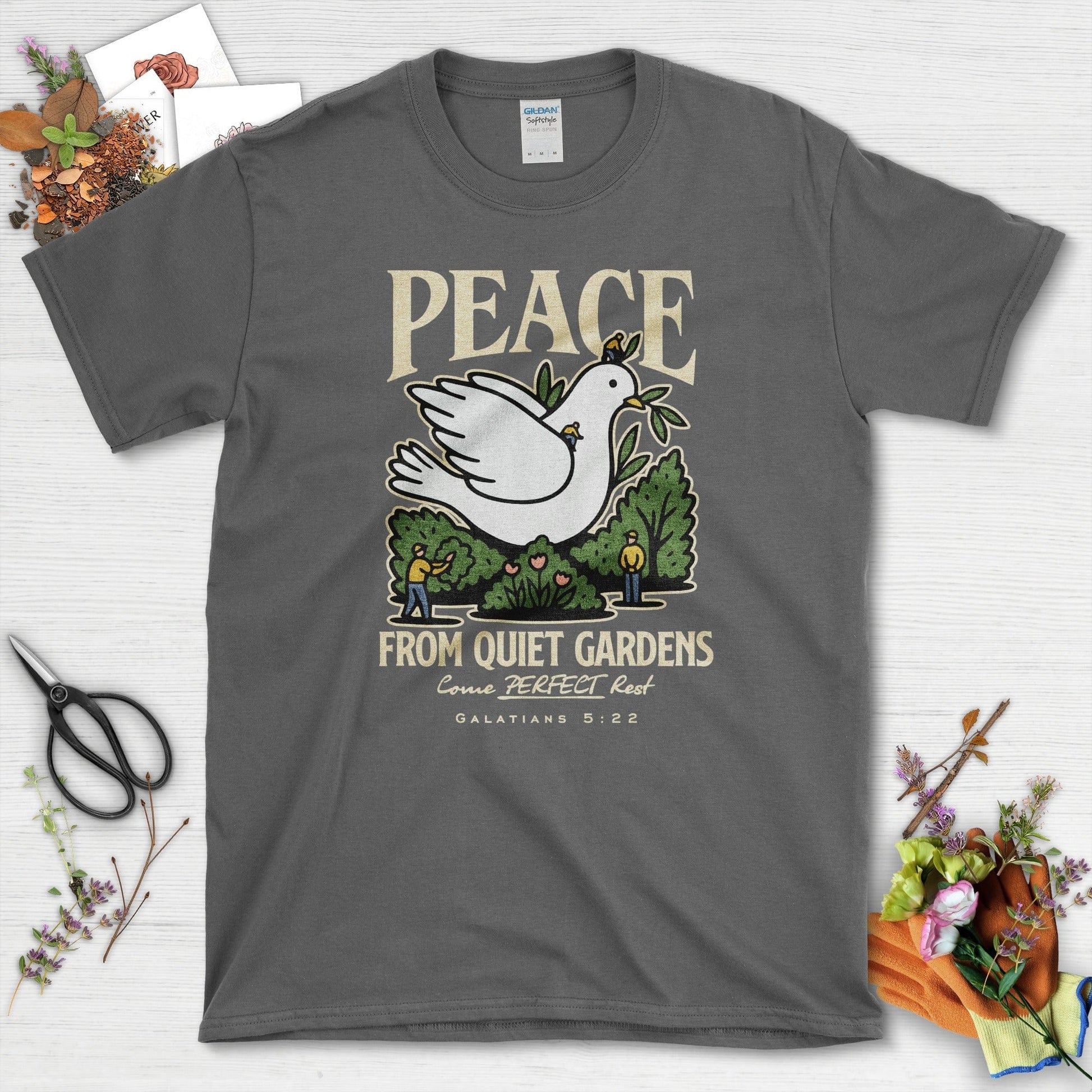 Peace From Quiet Gardens T-Shirt Essential Tees / S / Dark Heather Physical Item