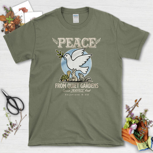 Peace From Quiet Gardens T-Shirt Essential Tees / S / Military Green Physical Item