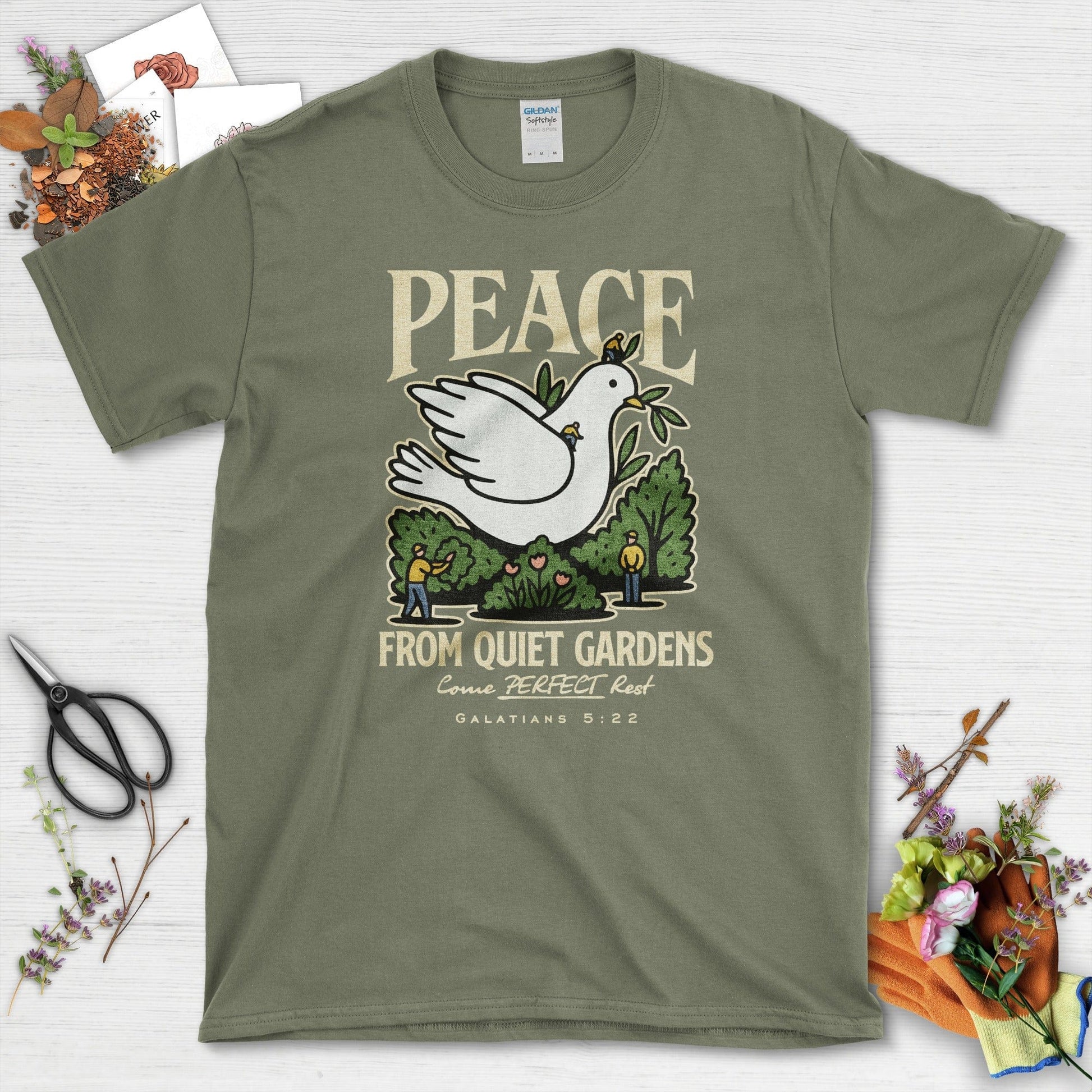 Peace From Quiet Gardens T-Shirt Essential Tees / S / Military Green Physical Item