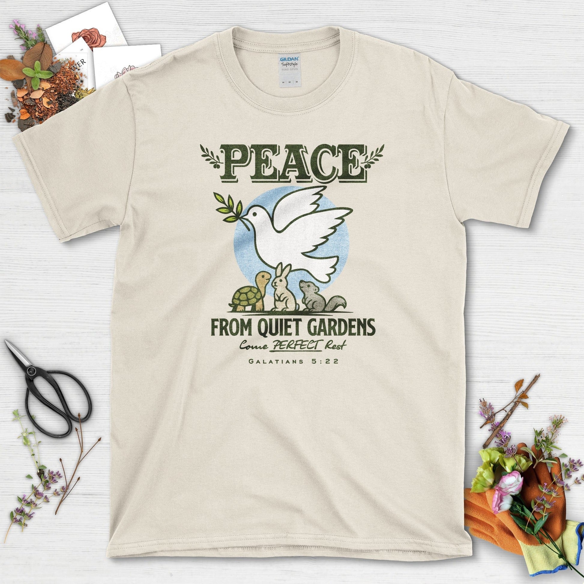 Peace From Quiet Gardens T-Shirt Essential Tees / S / Natural Physical Item