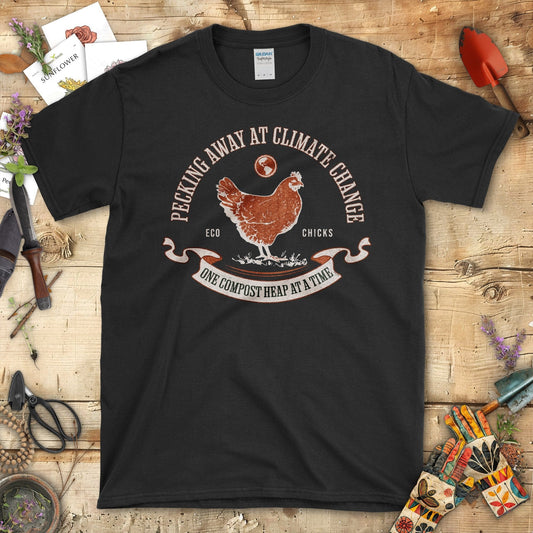 Pecking Away At Climate Change Chicken Graphic T-Shirt Black / S T-Shirt