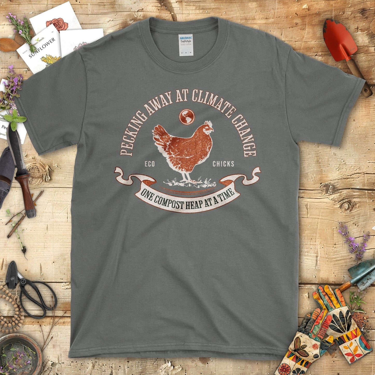 Pecking Away At Climate Change Chicken Graphic T-Shirt Charcoal / S T-Shirt