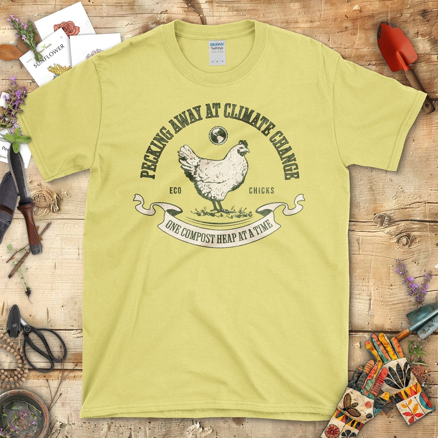 Pecking Away At Climate Change Chicken Graphic T-Shirt Cornsilk / S T-Shirt