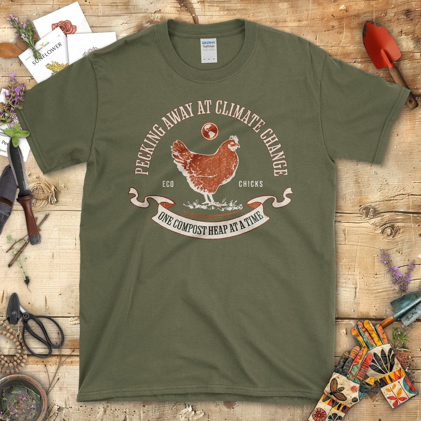 Pecking Away At Climate Change Chicken Graphic T-Shirt Military Green / S T-Shirt