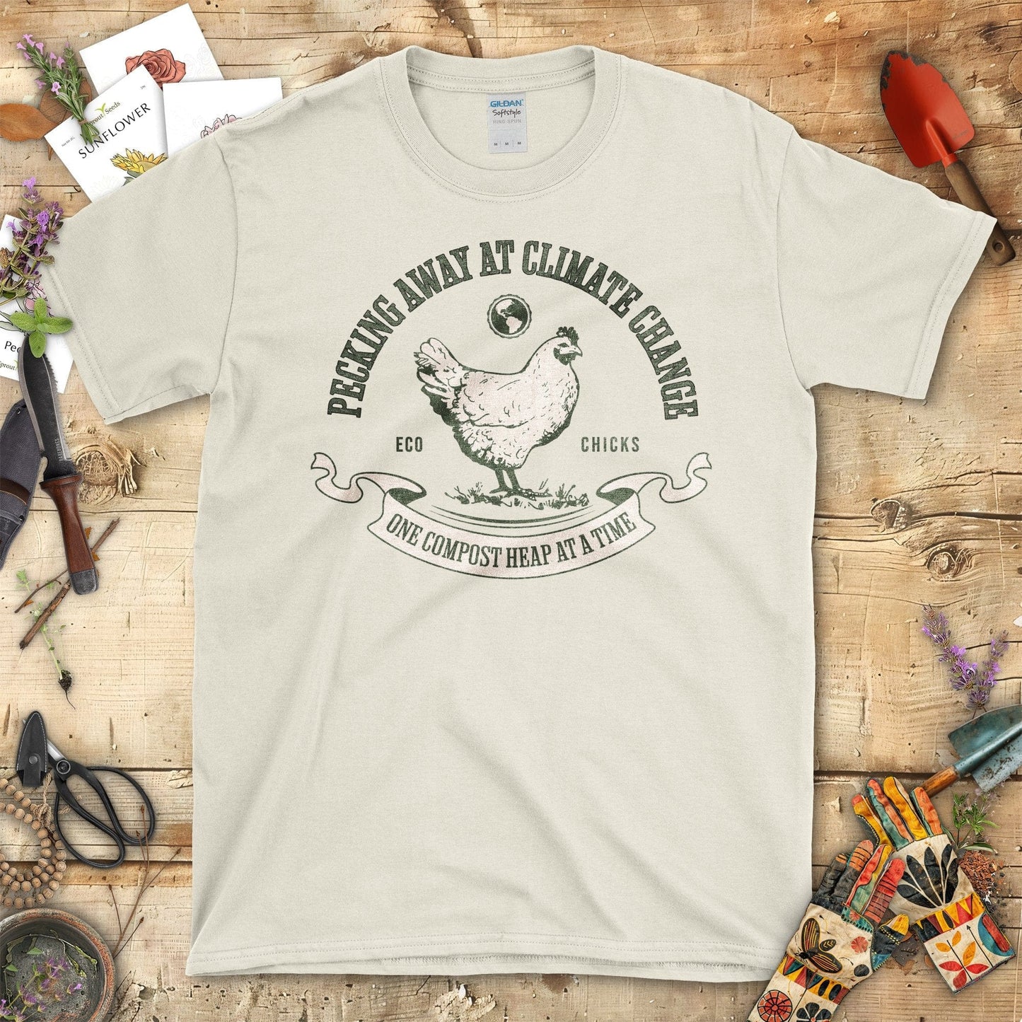 Pecking Away At Climate Change Chicken Graphic T-Shirt Natural / S T-Shirt