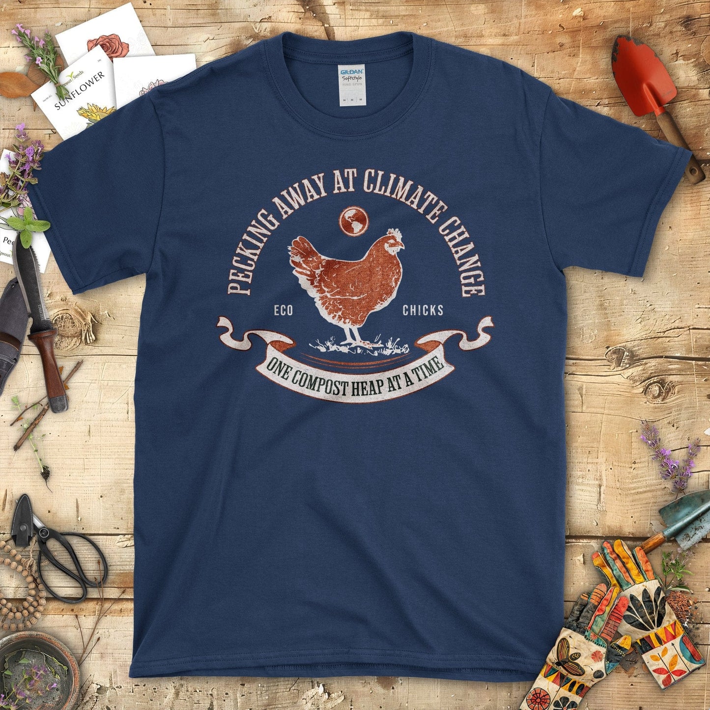 Pecking Away At Climate Change Chicken Graphic T-Shirt Navy / S T-Shirt