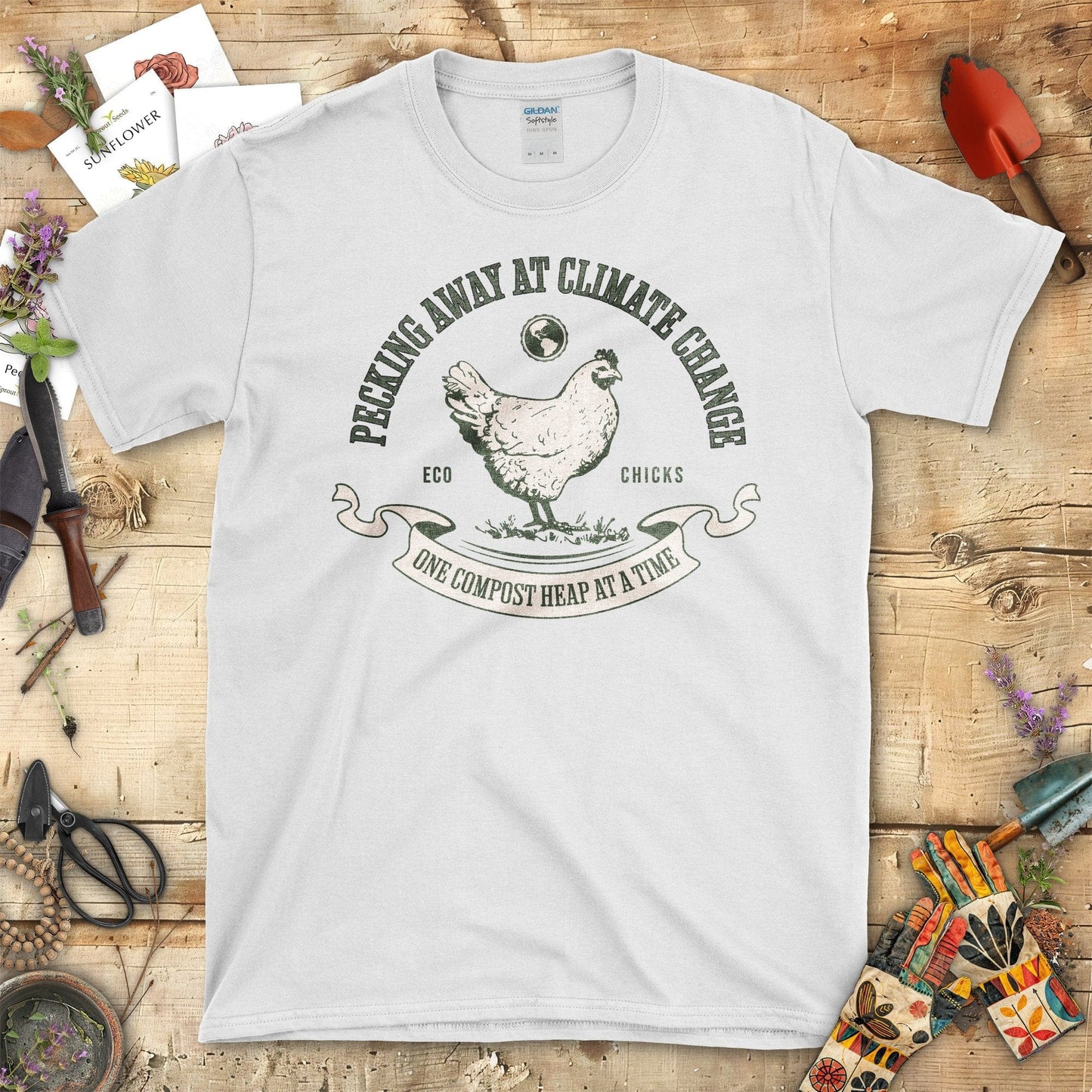 Pecking Away At Climate Change Chicken Graphic T-Shirt White / S T-Shirt