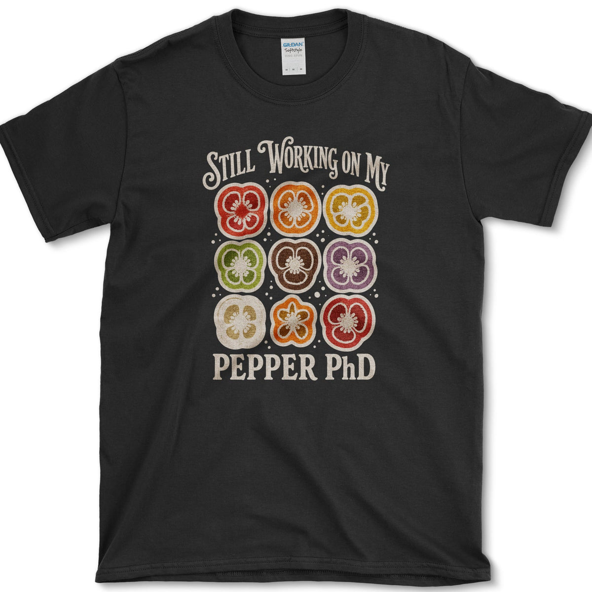 Nine red, orange, yellow, green, brown, and purple pepper slices with Still Working on My Pepper PhD lettering