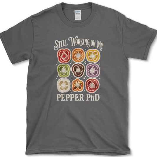 Nine red, orange, yellow, green, brown, and purple pepper slices with Still Working on My Pepper PhD lettering