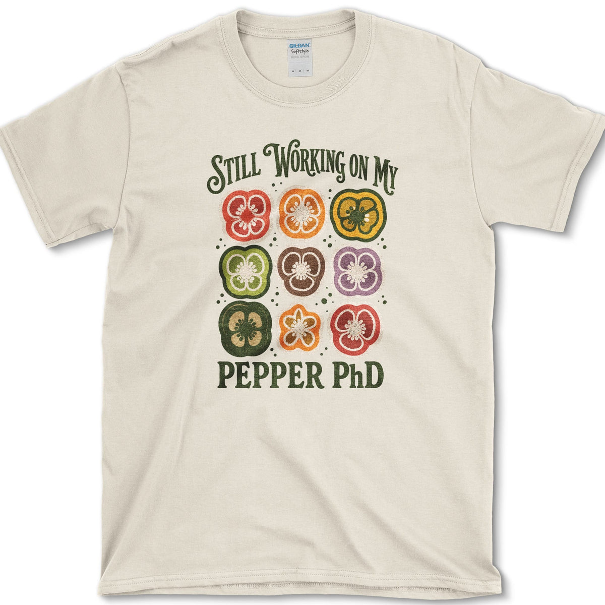 Nine red, orange, yellow, green, brown, and purple pepper slices with Still Working on My Pepper PhD lettering