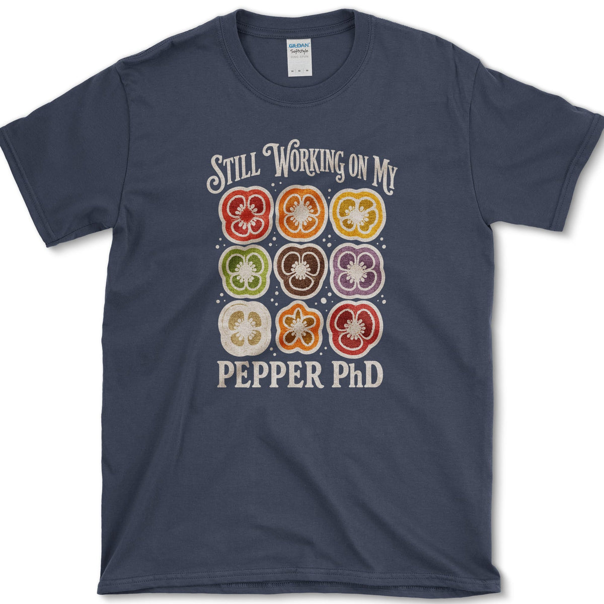 Nine red, orange, yellow, green, brown, and purple pepper slices with Still Working on My Pepper PhD lettering