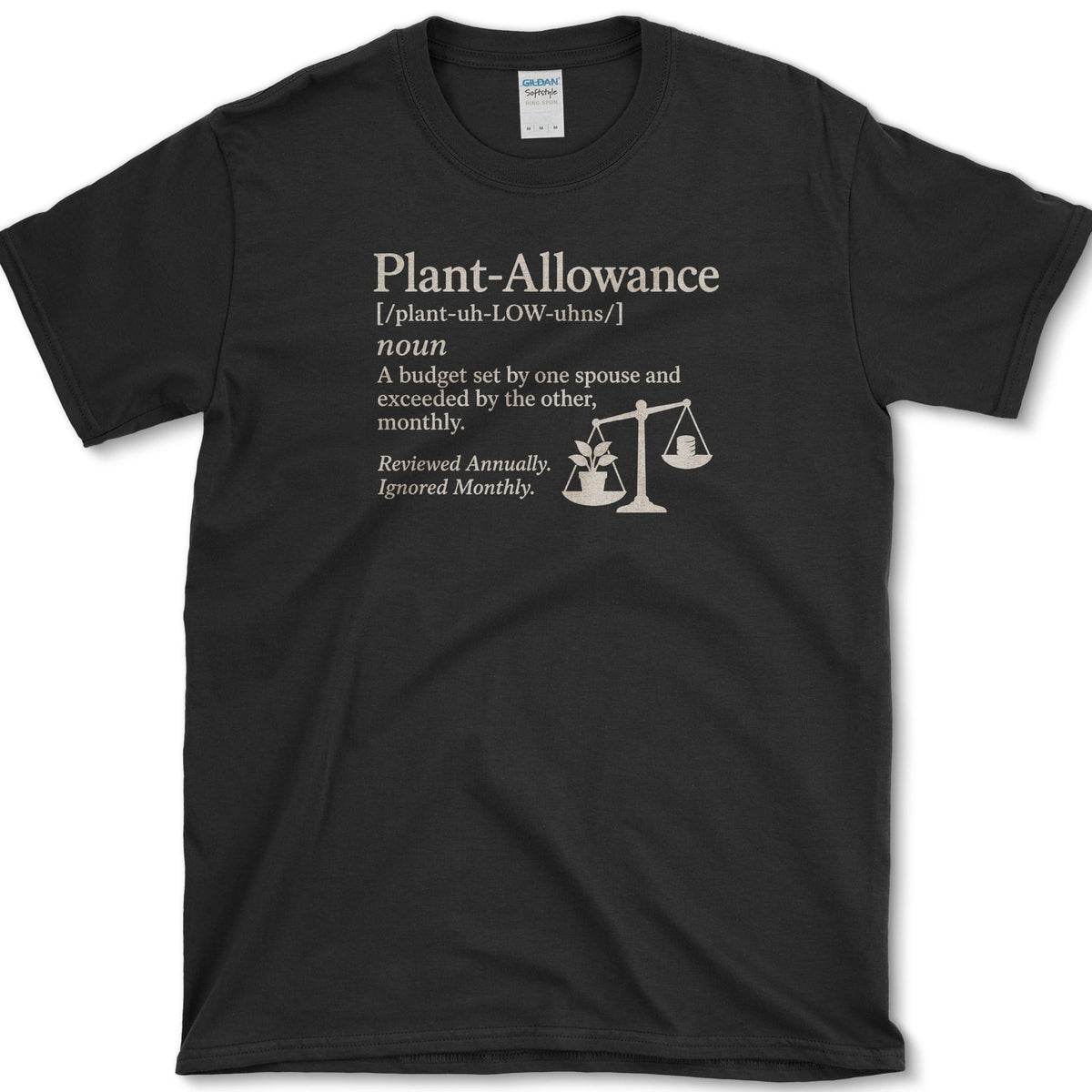 Plant Allowance dictionary definition with potted plants balanced on scales on a T-shirt