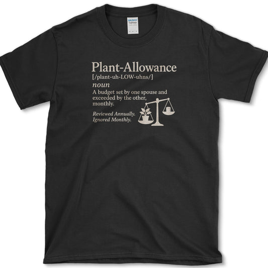 Plant Allowance dictionary definition with potted plants balanced on scales on a T-shirt