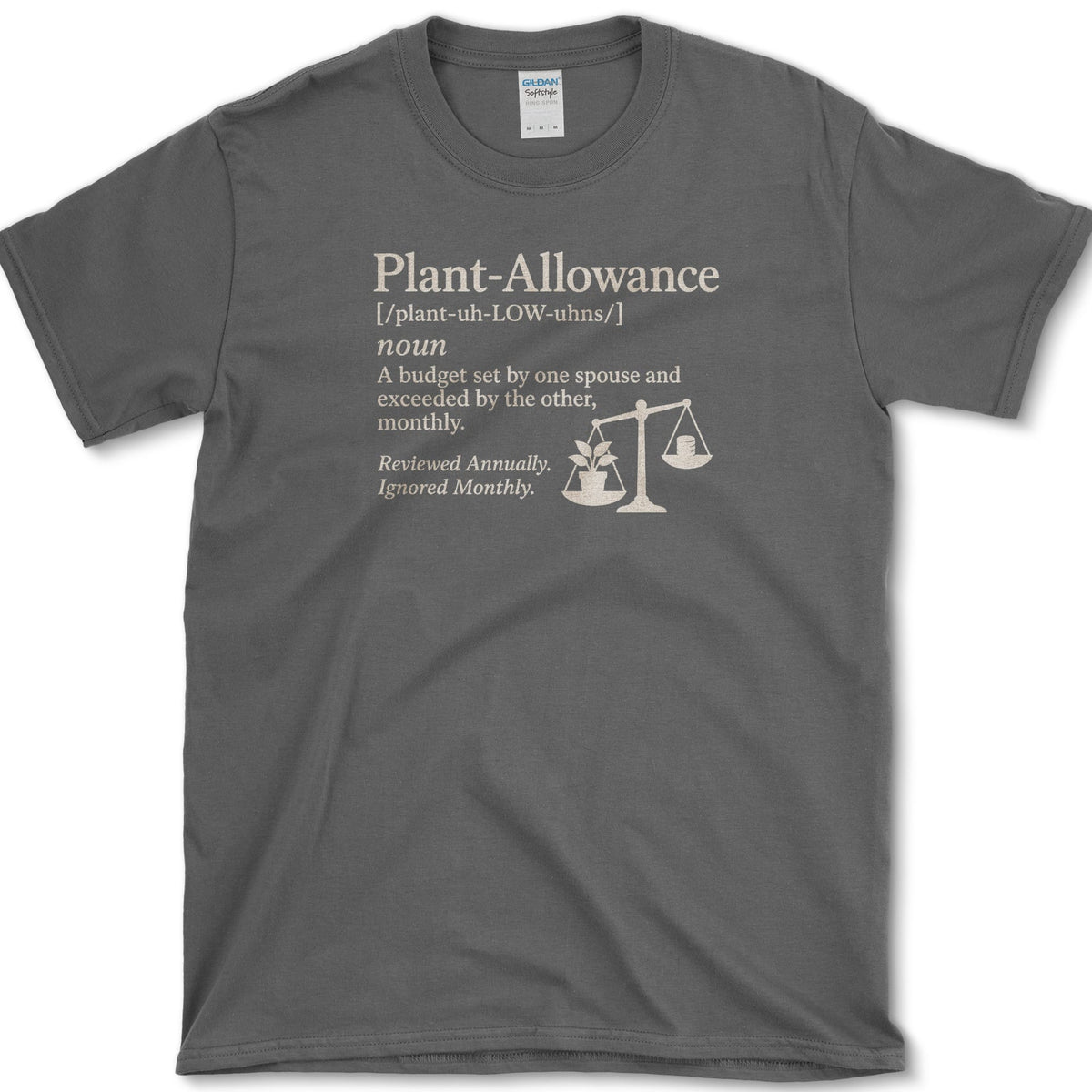Plant Allowance dictionary definition with potted plants balanced on scales on a T-shirt