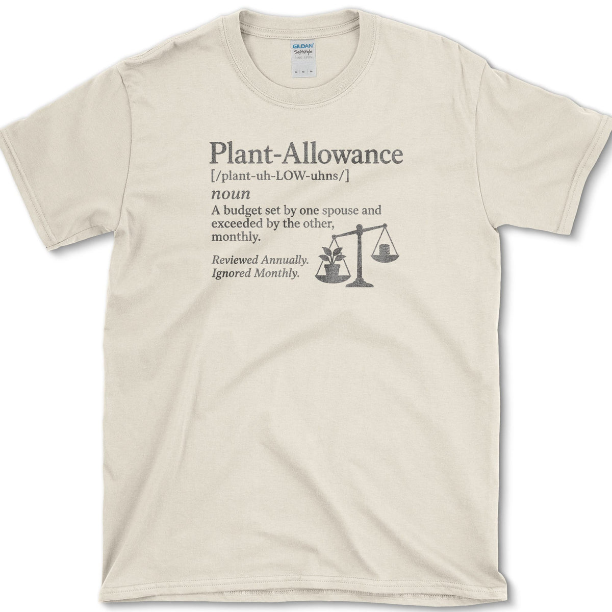 Plant Allowance dictionary definition with potted plants balanced on scales on a T-shirt