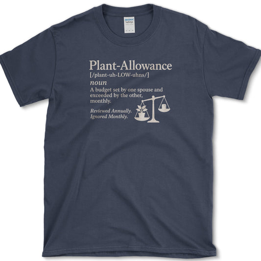 Plant Allowance dictionary definition with potted plants balanced on scales on a T-shirt